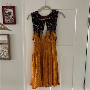 Free People Mustard Yellow Mini Dress with Green and Blue details